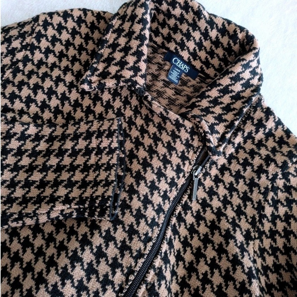 Chaps Knit Sweater Jacket Women Large Brown Black Houndstooth Moto Zip Cotton